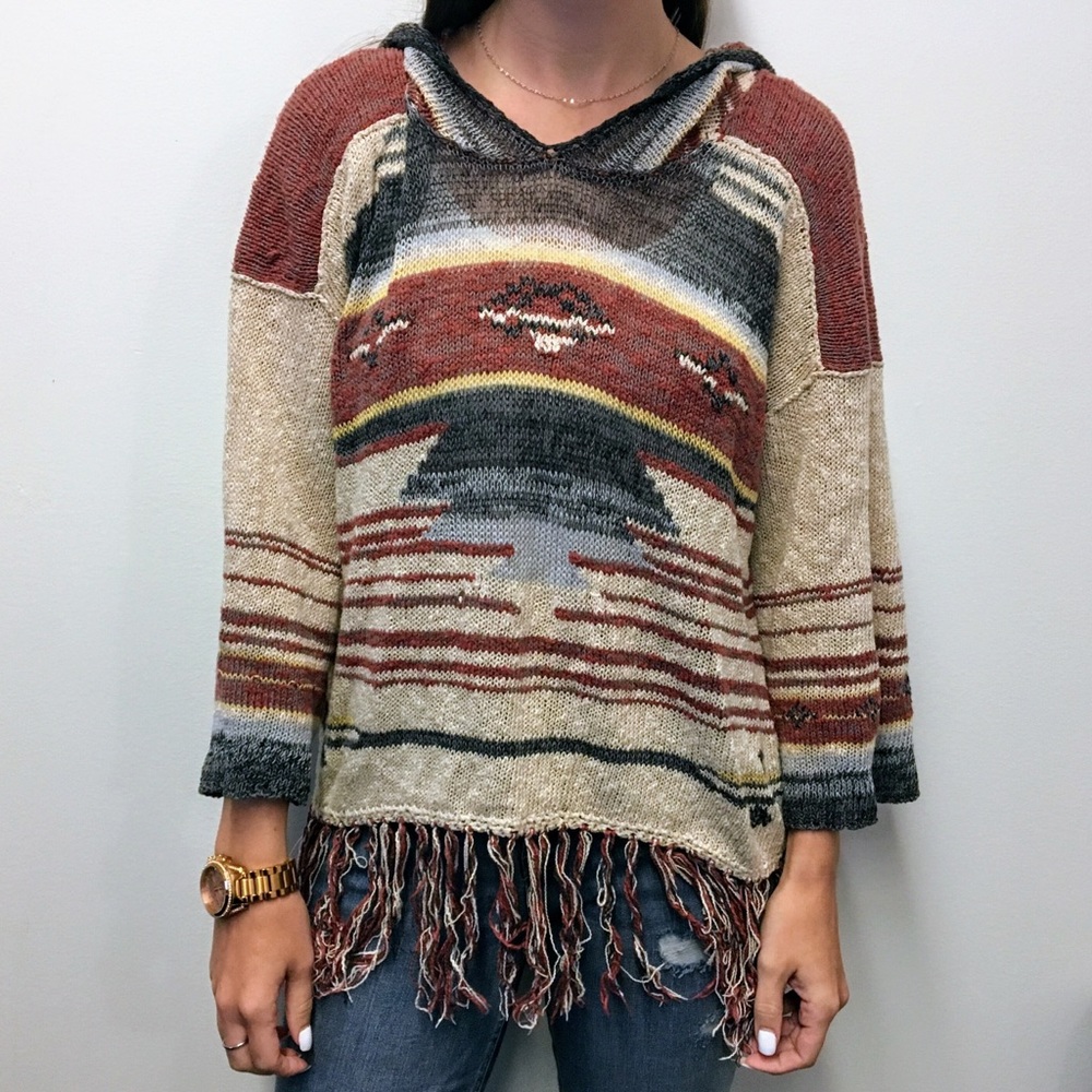 Free People Fringe Tunic Sweatshirt XS Boho Oversized Pullover Multicolor Cozy